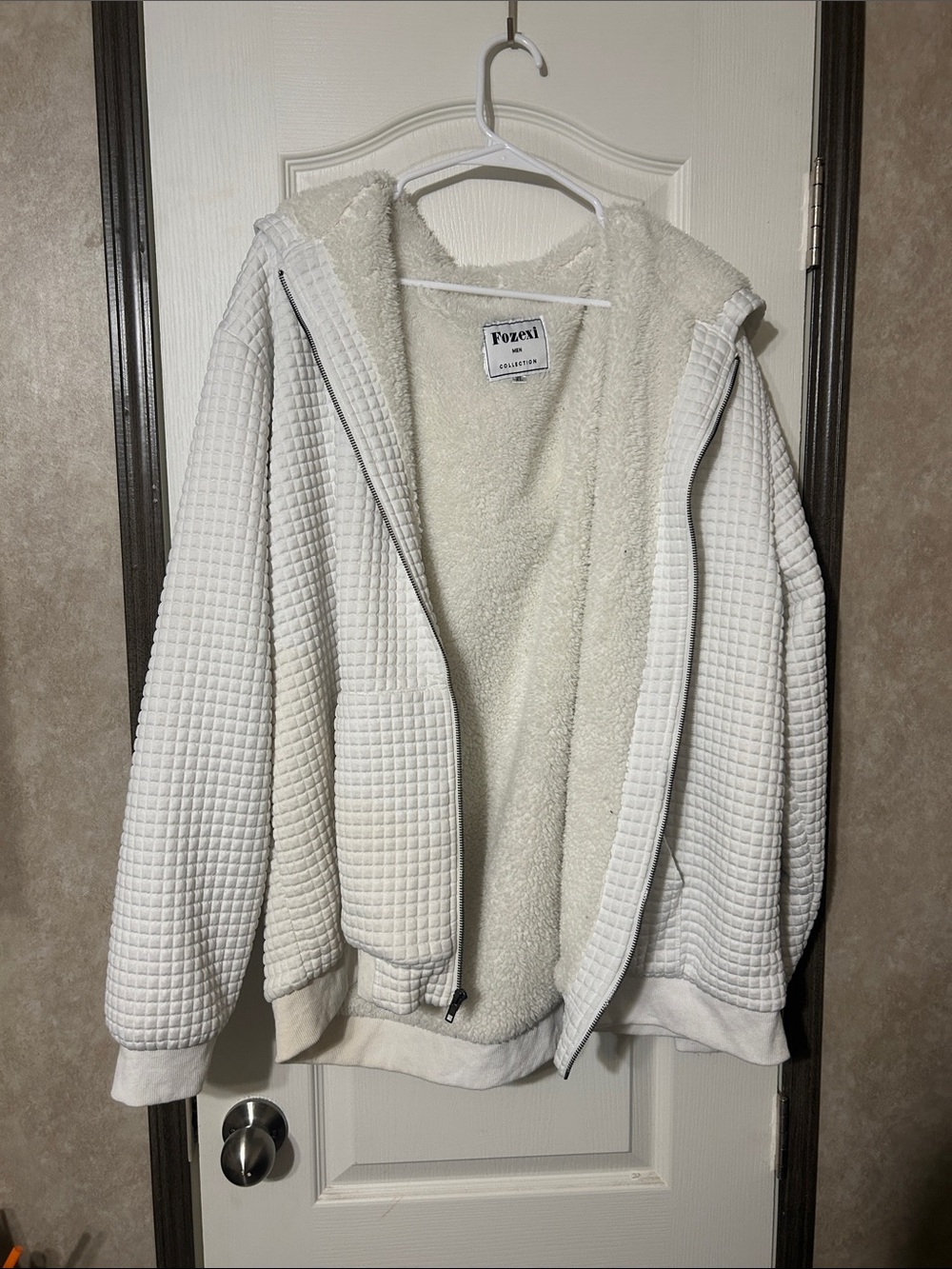 Fozexi Ivory Sherpa-Lined Waffle Knit Zip Hoodie
